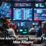 Overcoming Cybersecurity Alert Fatigue with AI Solutions Security professionals in a high-tech operations center monitoring screens, illustrating the concept of excessive alerts potentially causing teams to miss real cyber attacks.