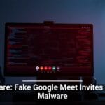 A silhouette of a person with a hood working on a computer with a screen displaying code, with a caption warning about fake Google Meet invites containing malware.