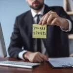 man holding up a stick-it note that says "you are fired"