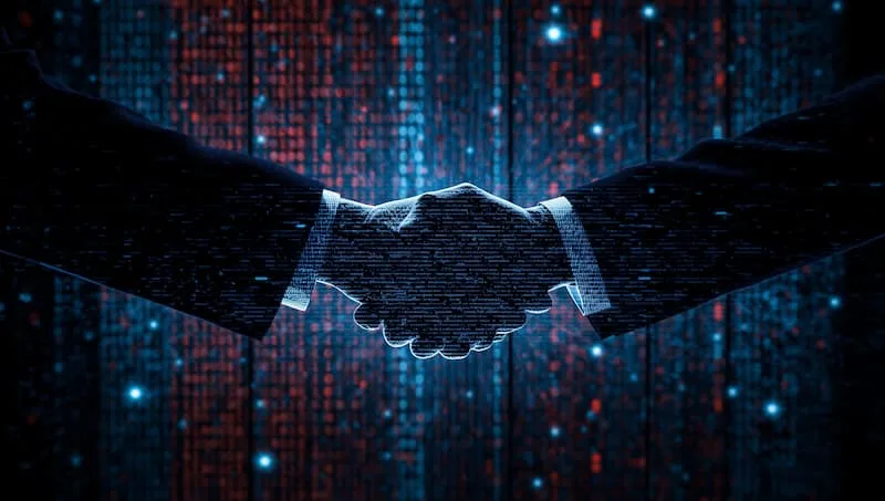 A digital illustration featuring a handshake between two individuals, symbolizing agreement or partnership
