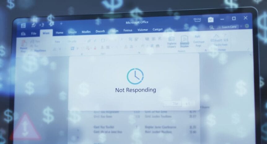 shows Microsoft Word frozen, with "not responding" emphasized.
