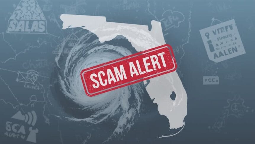 A Florida hurricane graphic with a large "Scam Alert" label