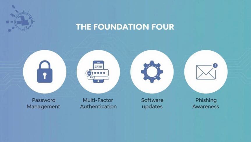 graphic showing: password management, multi factor authentication, software updates, and phishing awareness.