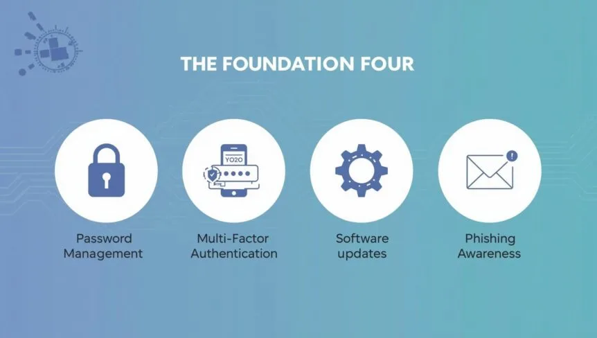 graphic showing: password management, multi factor authentication, software updates, and phishing awareness.