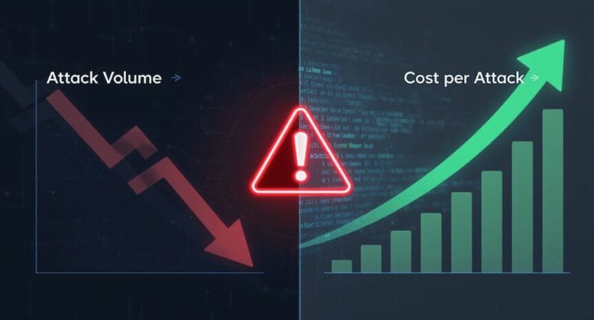 graph shows attack volume down trending, with cost per attack rising.