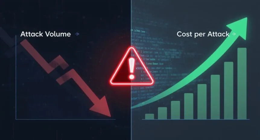 graph shows attack volume down trending, with cost per attack rising.