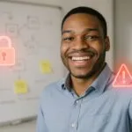 Hidden Business Costs of Employee Social Media Oversharing man taking a selfie in front of confidential business information.