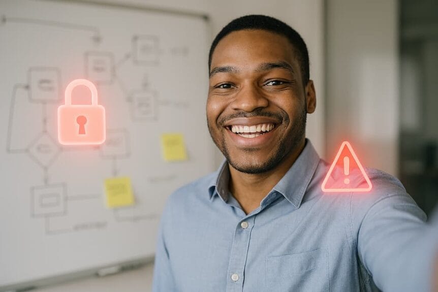 man taking a selfie in front of confidential business information.